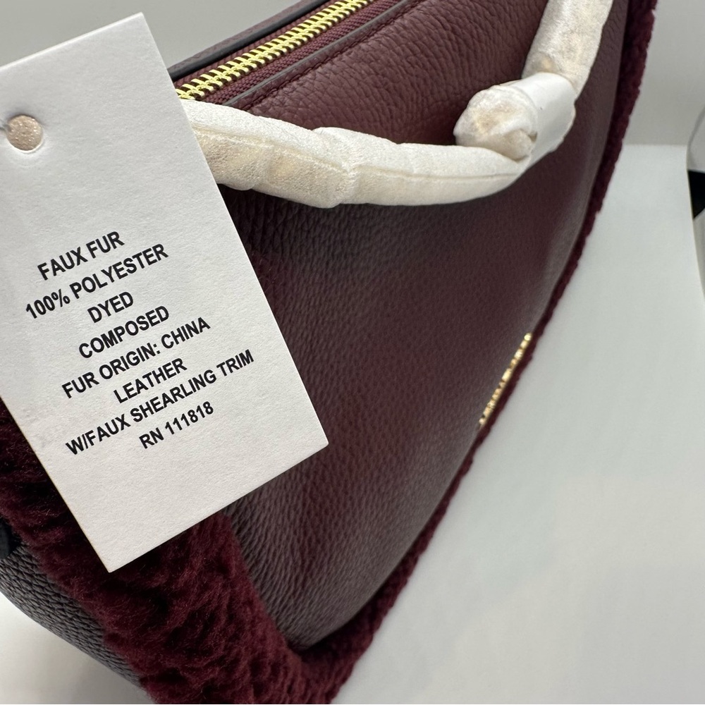 NWT Michael Kors | Oxblood Shearling Carmela Pebbled Leather Pochette Bag $448 - Picture 6 of 7